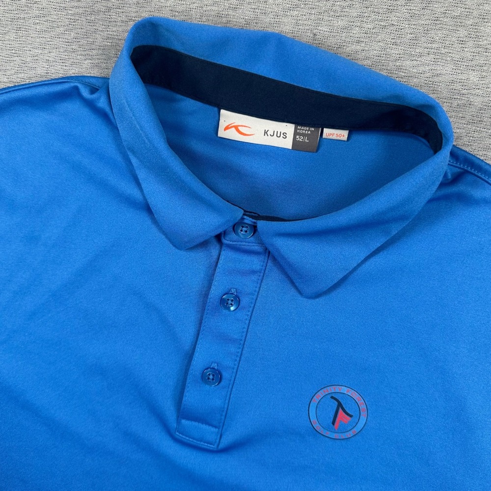 Trinity Forest Golf Club KJUS Silas Polo‎ Shirt Mens L 52 Blue Stretch UPF 50+